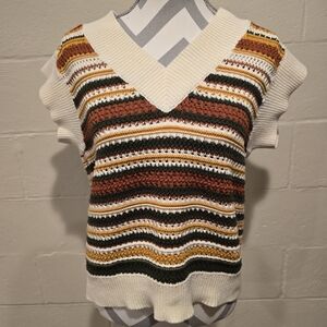 SEEN AND BE SEEN Fall Colors Knit Ribbed V-neck Sweater Short Sleeve Size Small.